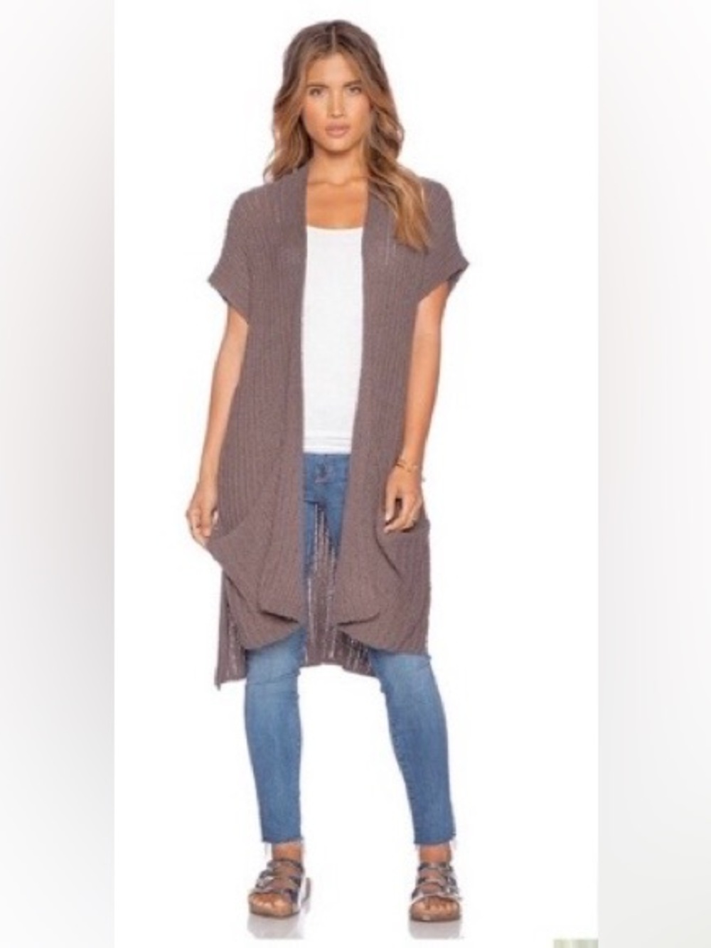 Free People Long Shortsleeve Cardigan Sweater Vest Patch Pockets Mauve Duster